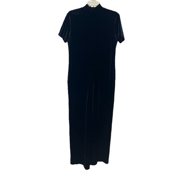 VTG Casual Corner Velvet Body Suit Navy Blue Sz Large Zipper Back Short Sleeve - Picture 1 of 9